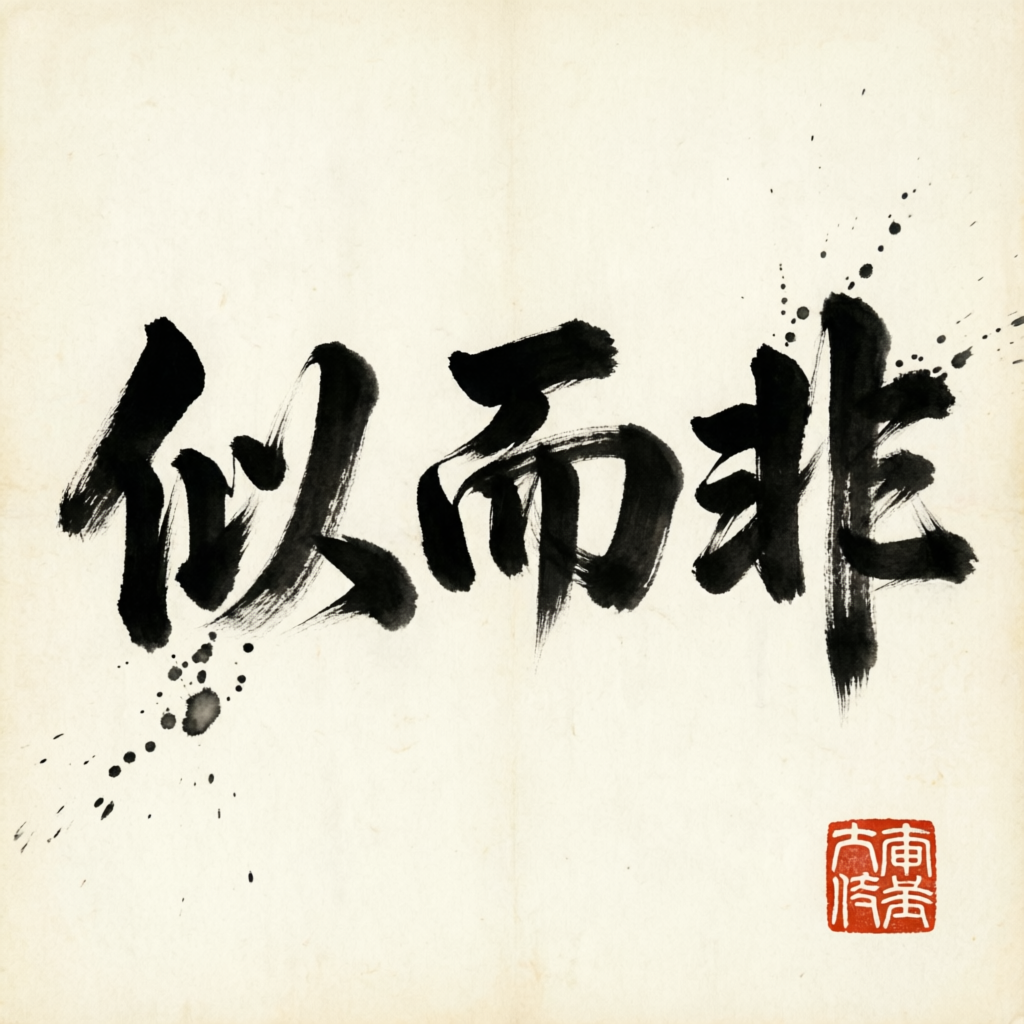 墨で書かれた「似而非」の三文字と朱印。