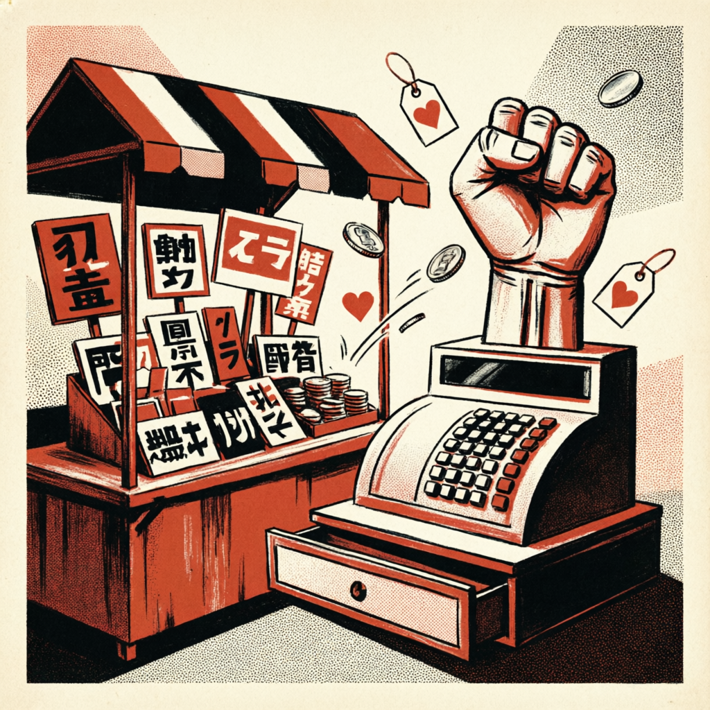 抗議プラカードを商品として売る屋台と、握りこぶし型のレジ。